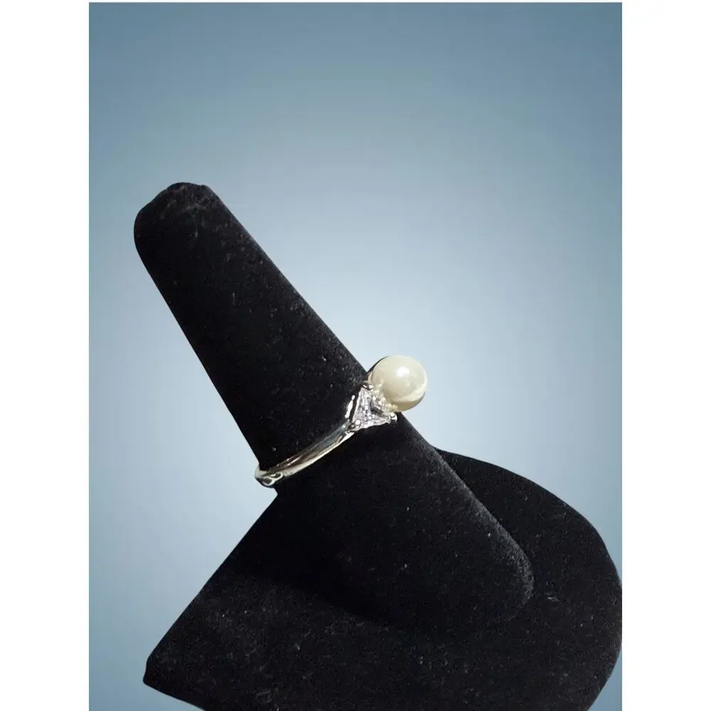 Vintage Faux Pearl CZ Style Ring Silver Tone Bridal Romantic Size 7.75